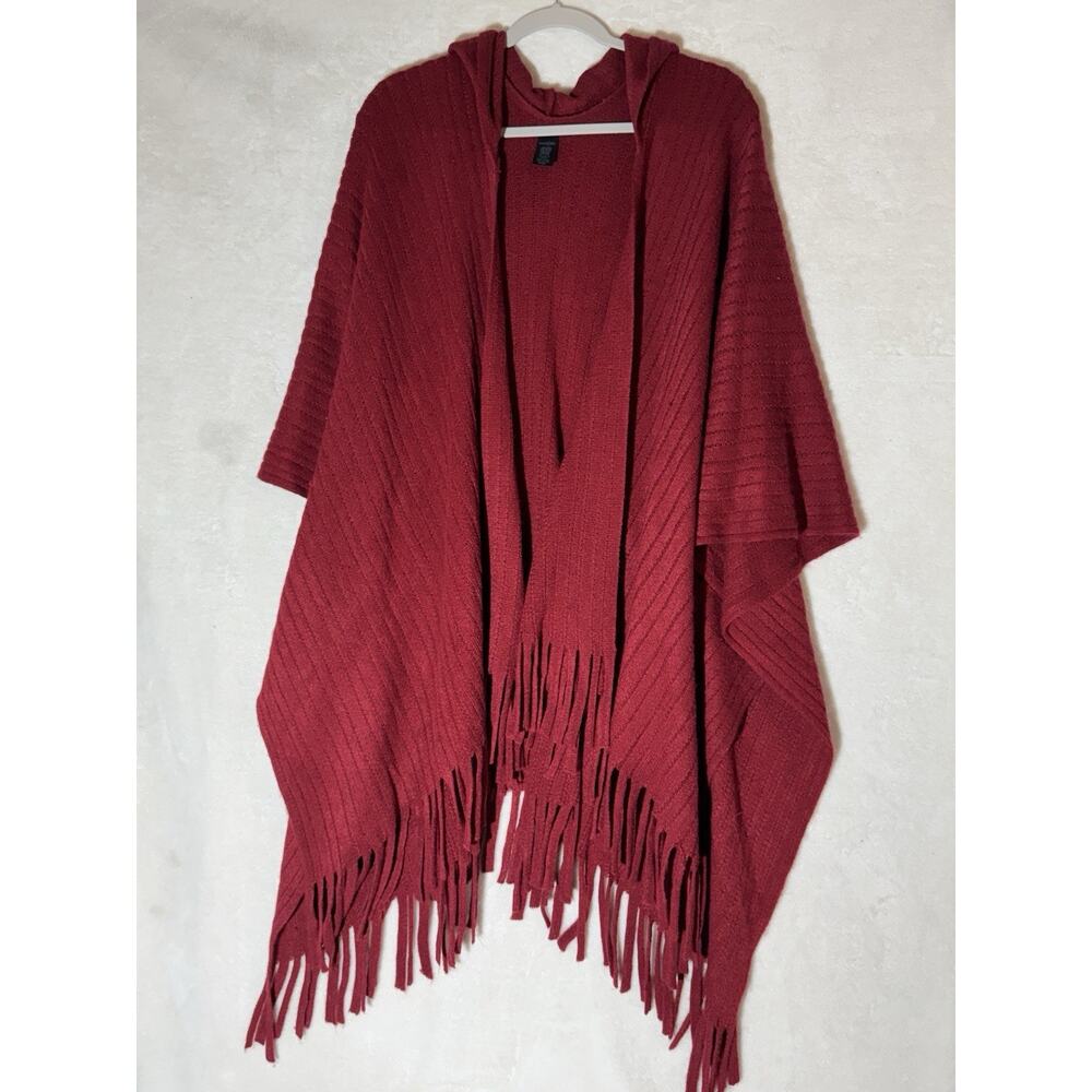 Women's Sweater Fringed Poncho Red Hood East 5th One Size Boho Lagenlook